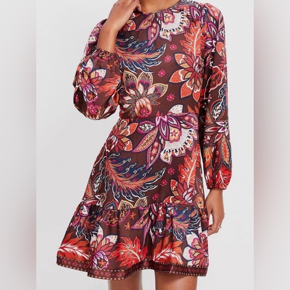 NWT LOFT Folk Paisley Fit and Flare Long‎ Sleeve Dress Fall Preppy Size 8